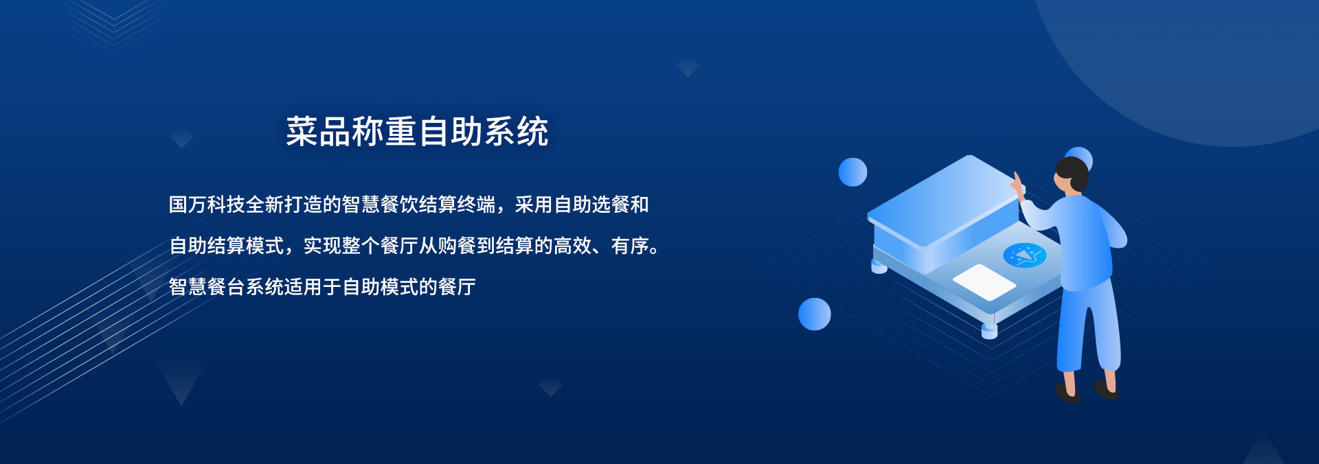 國(guó)萬(wàn)智慧食堂自助餐智能菜品稱(chēng)重系統(tǒng)來(lái)襲啦，就餐人員關(guān)注公眾號(hào)后進(jìn)行自助充值，取餐盤(pán)進(jìn)行信息綁定；取餐時(shí)自行夾菜，菜品稱(chēng)重機(jī)無(wú)感自動(dòng)稱(chēng)重，系統(tǒng)自動(dòng)結(jié)算。